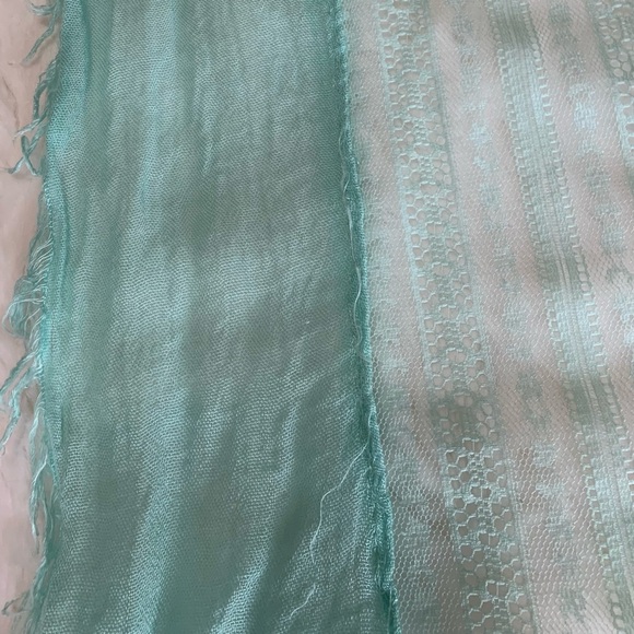 Soft Mint Sheer Scarf. Cotton and lace. 72” x 21” - Picture 2 of 4